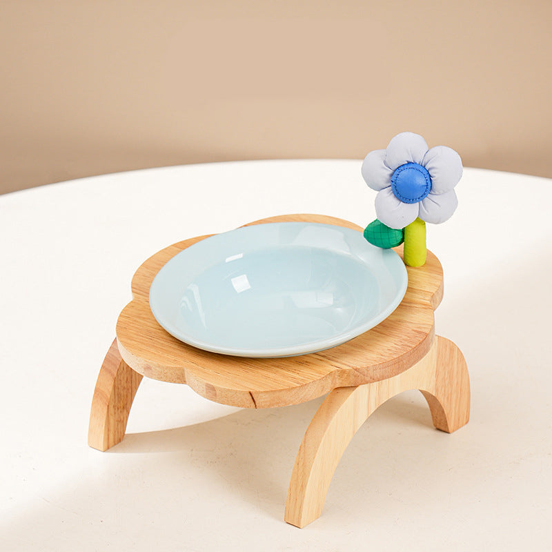 Cat Food Bowl With Wood Holder Stand Flower Shaped Ceramic Food Dish Water Bowl Cat Feeding Drinking Plates Multi Color