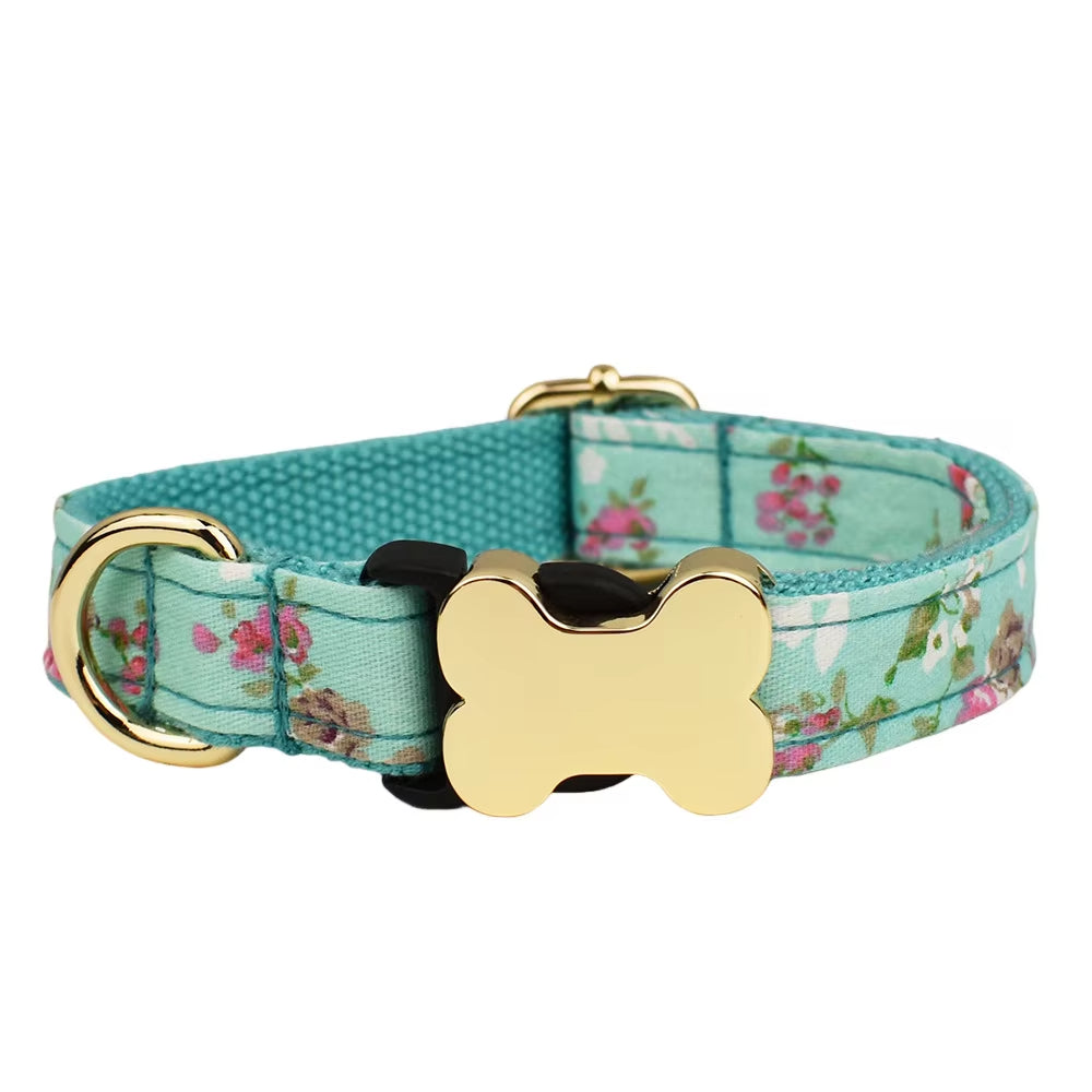Flat Fabric Printed Grid Series Bone Buckle Dog Collar