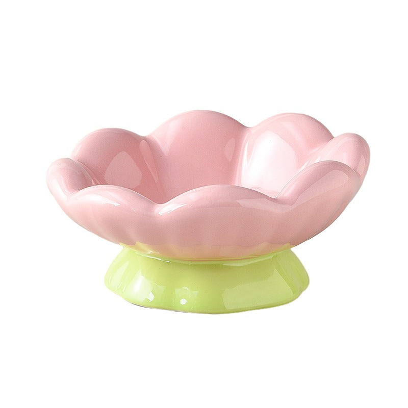Ceramic Raised Cat Bowl Shallow Wide, Anti-Vomiting And Whisker Fatigue, Non-Slip, Tilted Cute Flower Cat Food And Water Bowls For Indoor Cats, Pink