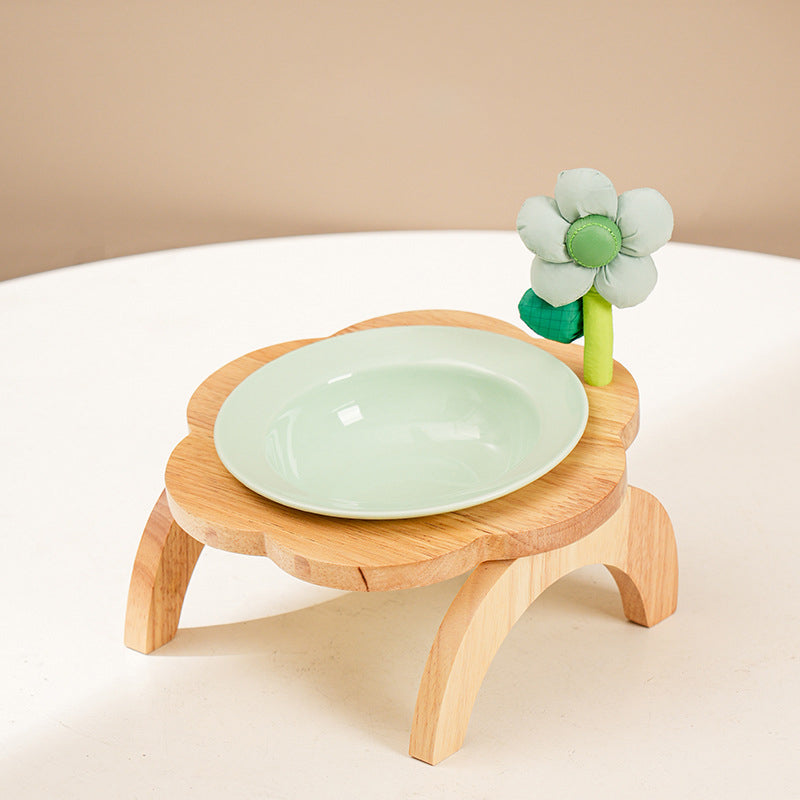 Cat Food Bowl With Wood Holder Stand Flower Shaped Ceramic Food Dish Water Bowl Cat Feeding Drinking Plates Multi Color