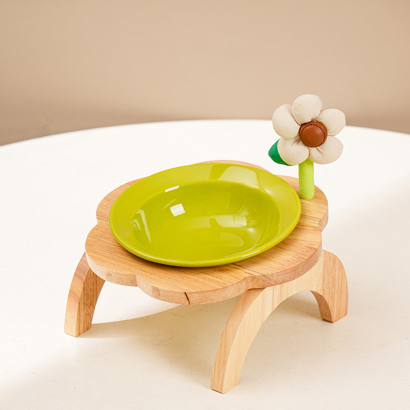 Cat Food Bowl With Wood Holder Stand Flower Shaped Ceramic Food Dish Water Bowl Cat Feeding Drinking Plates Multi Color