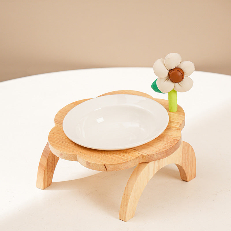 Cat Food Bowl With Wood Holder Stand Flower Shaped Ceramic Food Dish Water Bowl Cat Feeding Drinking Plates Multi Color